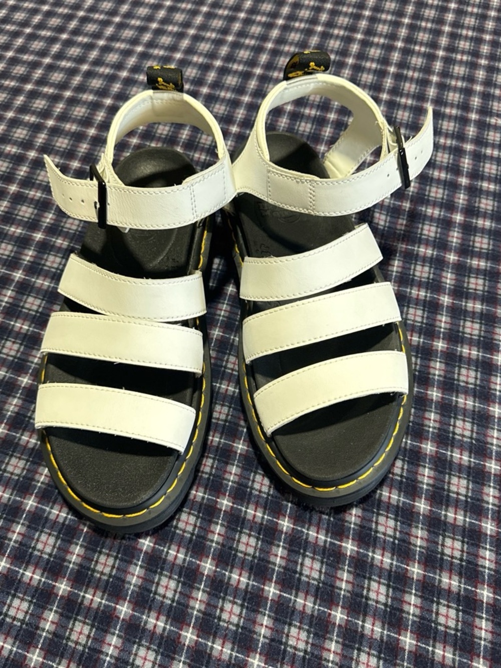 Dr. Martens blaire White Multi-Strap Sandals with Yellow Stitching
